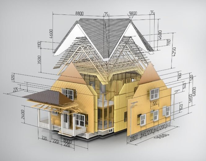Concept of construction. We see constituents of roof frame and insulation layer with dimensions.
